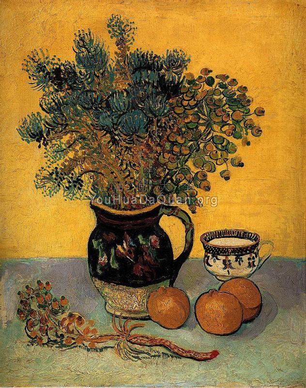 静物，野花与马爵利卡陶瓷 - 文森特·威廉·梵高